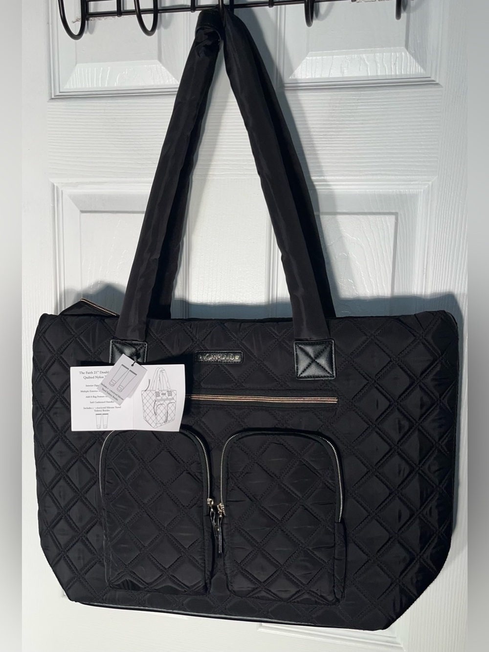 Joan & David The Faith 21 Double Diamond Quilted Nylon Travel Tote Bag Black